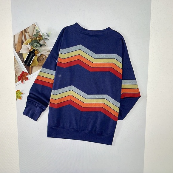 Retro Chevron Stripe Sweatshirt Top Blue Knit Size 2XL - Picture 5 of 5